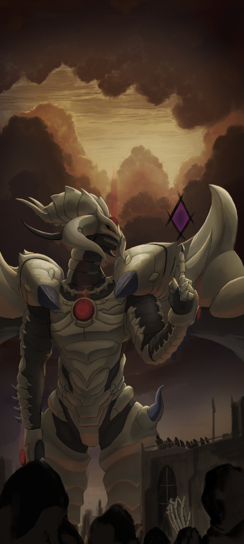 absurdres, aura, building, chest_jewel, clouds, cloudy_sky, demon_horns, dragon