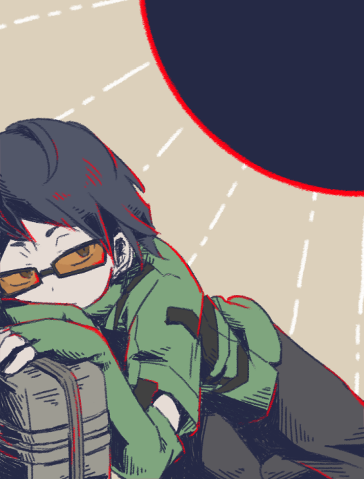 1boy, black_hair, black_pants, black_sun, briefcase, covered_mouth, elbow_gloves, fingerless_gloves, glasses, gloves, green_jacket, grey_background, hemosuke, jacket, male_focus, pants, persona, persona_3, shirato_jin, short_hair, solo, sun, tinted_eyewear, yellow-tinted_eyewear