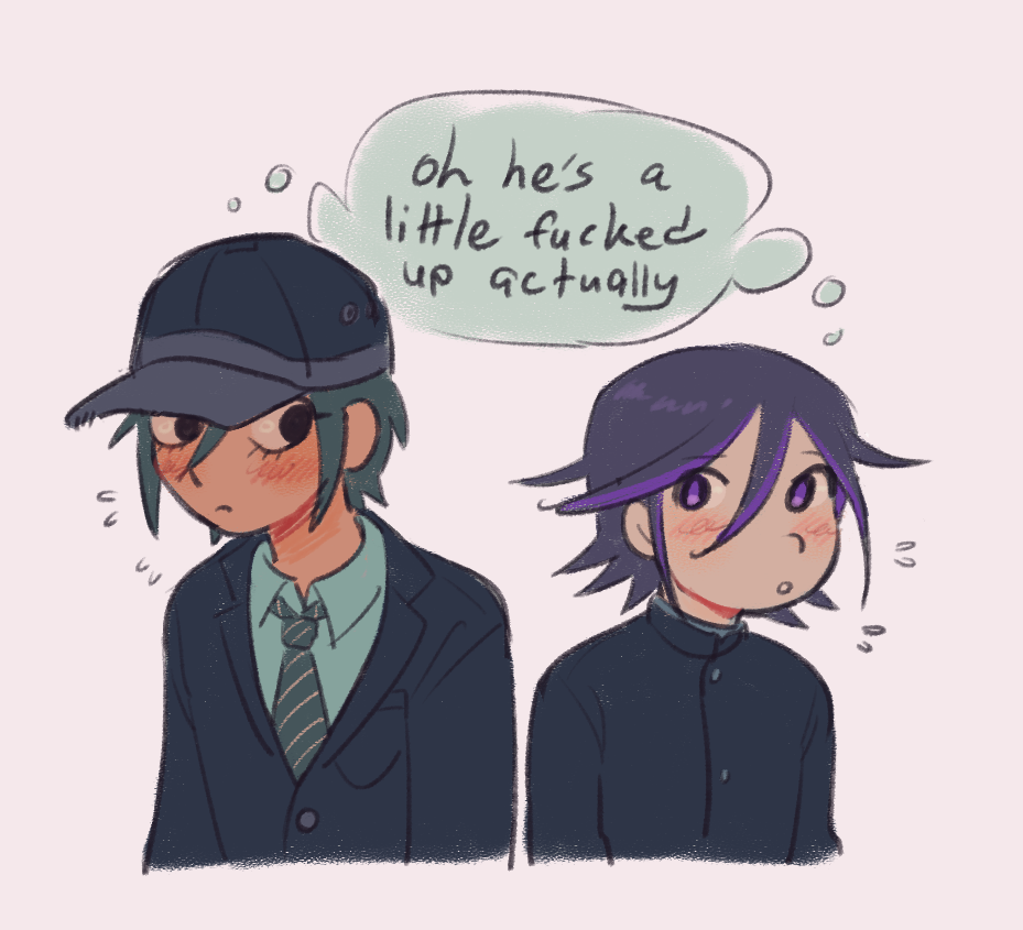 2boys, baseball_cap, black_eyes, blush, closed_mouth, collared_shirt, commentary, danganronpa_(series)