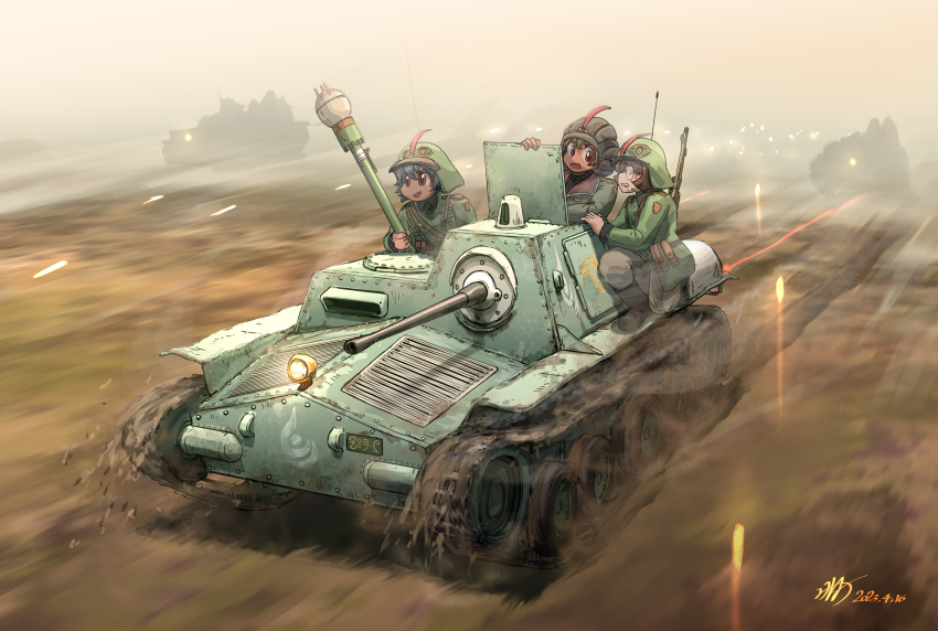 3girls, anti-tank_gun, aoi_waffle, armored_vehicle, battle, black_footwear, blue_hair, boots