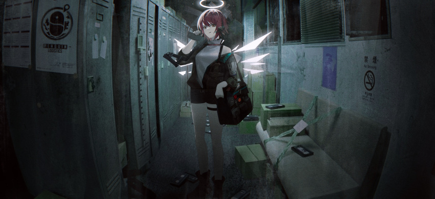 1girl, absurdres, angel, angel_wings, arknights, bag, black_footwear, black_jacket