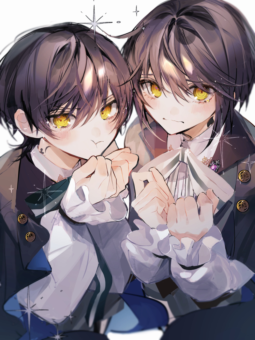 2boys, absurdres, black_hair, black_jacket, blush, brothers, brown_vest, cape