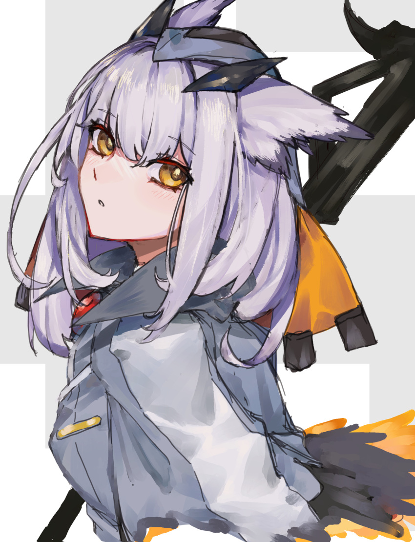 1girl, arknights, blush, brothercoral, coat, feather_hair, grey_background, grey_coat, highres, holding, holding_staff, looking_at_viewer, looking_to_the_side, medium_hair, owl_ears, owl_girl, parted_lips, ptilopsis_(arknights), solo, staff, symbol-shaped_pupils, two-tone_background, upper_body, white_background, white_hair, yellow_eyes