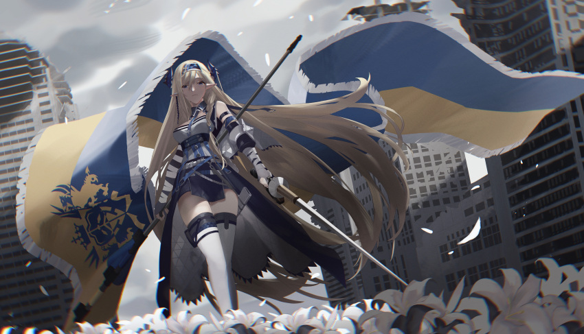1girl, absurdly_long_hair, absurdres, arknights, blonde_hair, blue_eyes, blue_hairband, blue_necktie