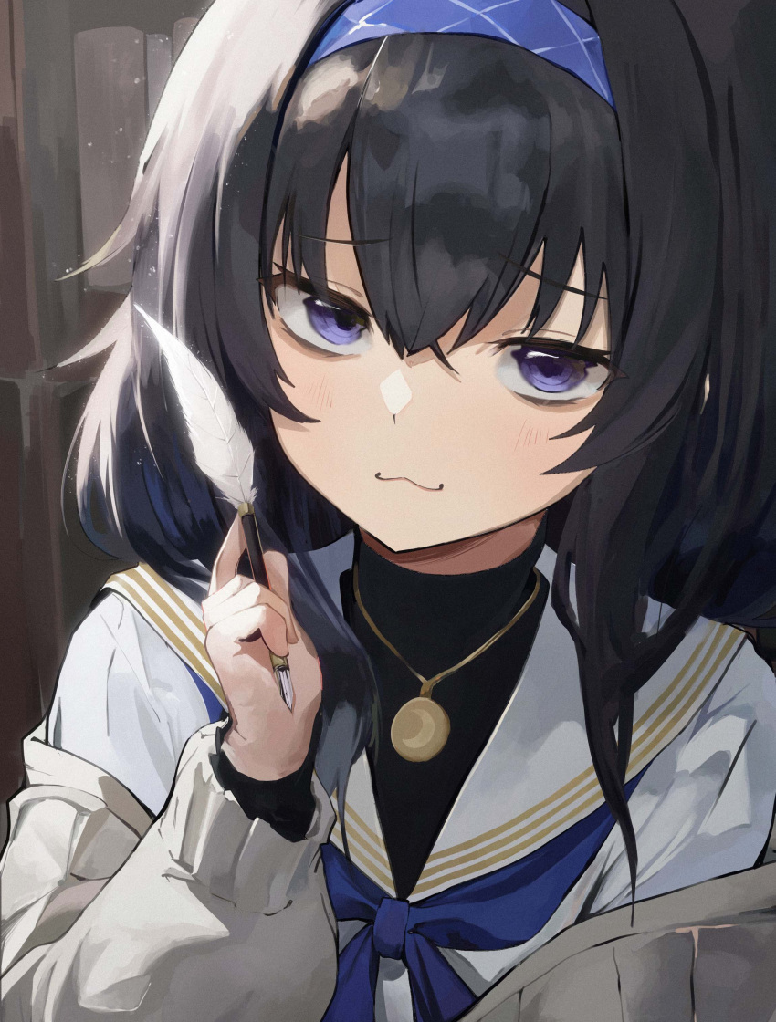 1girl, :3, absurdres, bags_under_eyes, black_hair, black_sweater, blue_archive, blue_hairband