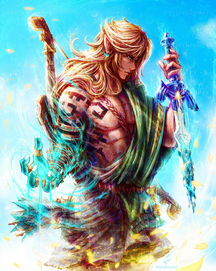1boy, abs, absurdres, alternate_hair_length, alternate_hairstyle, archaic_set_(zelda), arm_tattoo, armlet