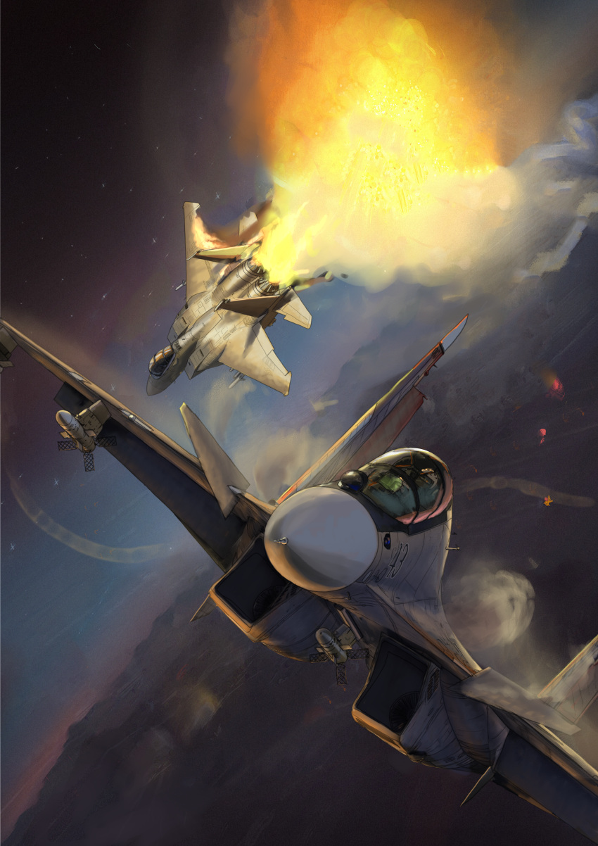 absurdres, aerial_battle, aircraft, airplane, battle, damaged, f-15_eagle, fighter_jet