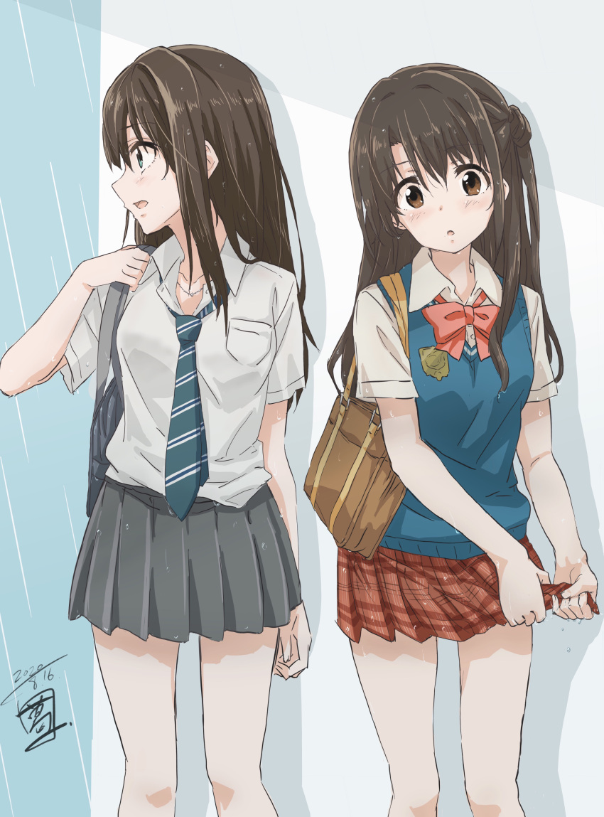 2girls, absurdres, bag, black_bag, blue_cardigan, blush, bow, bowtie