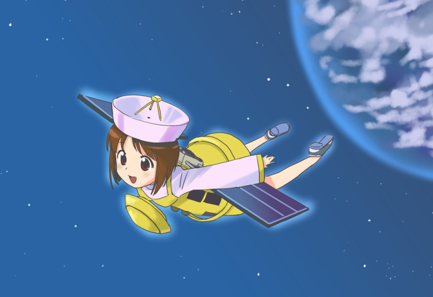 earth, hagiwara_yukiho, hayabusa_(spacecraft), hayabusa_(spacecraft)_(cosplay), idolmaster, oofuji_wataru, open_mouth, original