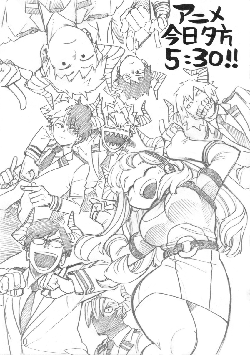 1girl, 6+boys, ^_^, arm_around_shoulder, arm_belt, blazer, blush, boku_no_hero_academia