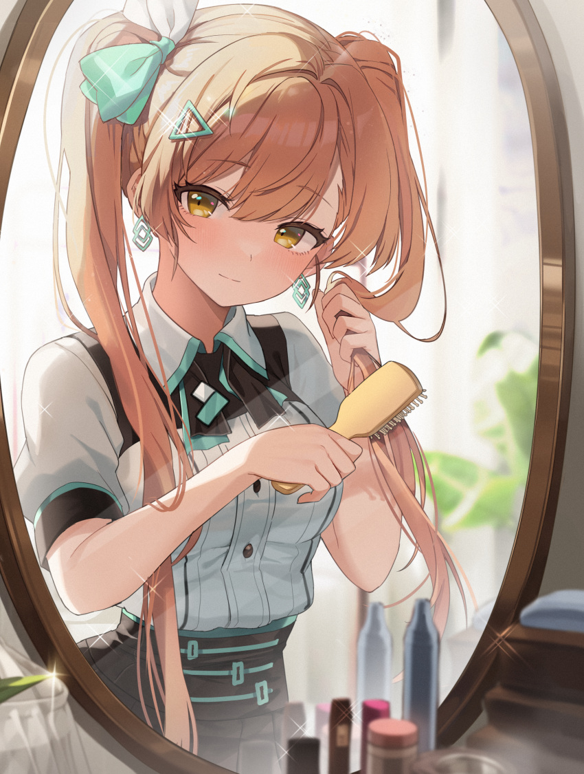 1girl, absurdres, black_skirt, blush, bow, breasts, brown_hair, brushing_hair