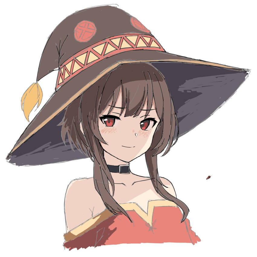 1girl, absurdres, black_choker, blush, brown_hair, button_eyes, choker, collarbone, cropped_torso, dress, game_screenshot, hat, highres, kono_subarashii_sekai_ni_shukufuku_wo!, looking_at_viewer, megumin, mikoscrub, off-shoulder_dress, off_shoulder, red_dress, red_eyes, roblox, roblox_(medium), short_hair, short_hair_with_long_locks, simple_background, sketch, smile, solo, tassel, white_background, witch_hat