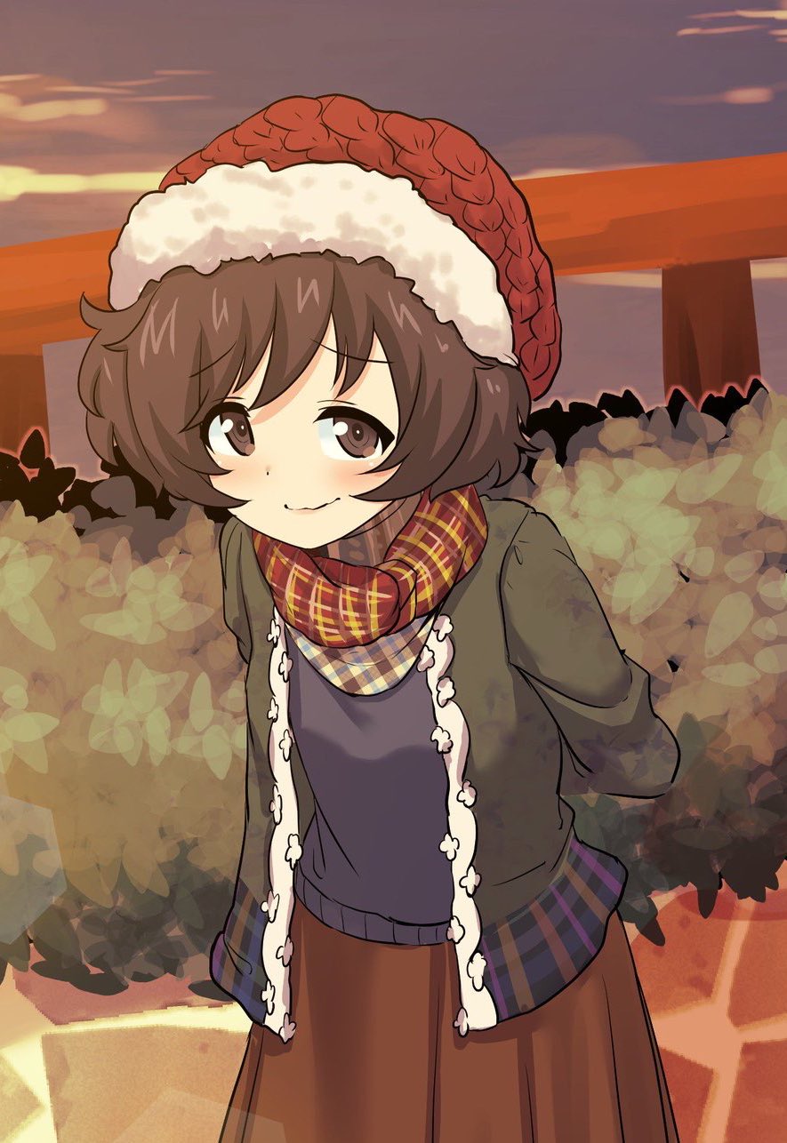 1girl, akiyama_yukari, arms_behind_back, blush, brown_dress, brown_eyes, brown_hair, coat