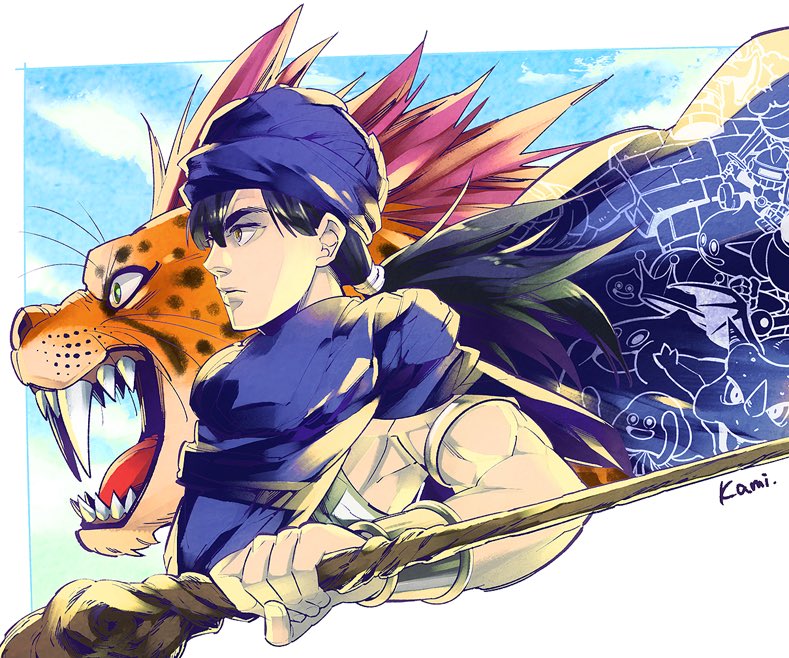 1boy, armlet, artist_name, asymmetrical_sleeves, black_hair, blue_sky, borongo, bracelet, brown_eyes, chimaera_(dragon_quest), cloak, closed_mouth, clouds, cloudy_sky, commentary, cropped_torso, dragon_kid_(dragon_quest), dragon_quest, dragon_quest_v, floating_cape, golem_(dragon_quest), hero_(dq5), hoimi_slime, holding, holding_staff, jewelry, kamimura_(gin_cpu), king_slime, long_hair, looking_to_the_side, low_ponytail, monster, open_mouth, purple_cloak, purple_headwear, serious, sky, slime_(dragon_quest), slime_knight, staff, tiger, toned, toned_male, turban, white_tunic