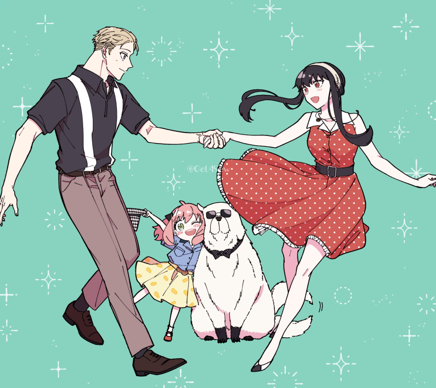 1boy, 2girls, absurdres, animal, anya_(spy_x_family), aqua_background, arm_up, bare_arms