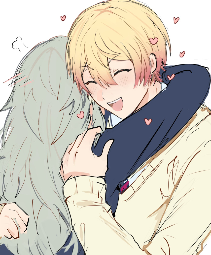 1boy, 1girl, blonde_hair, closed_eyes, commentary, gradient_hair, green_hair, hair_between_eyes