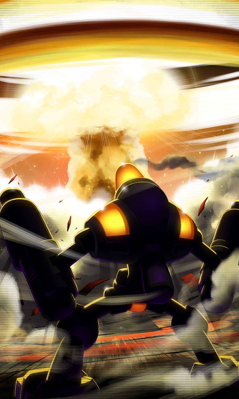 1boy, commentary_request, explosion, from_behind, highres, male_focus, mega_man_(classic), mega_man_(series)