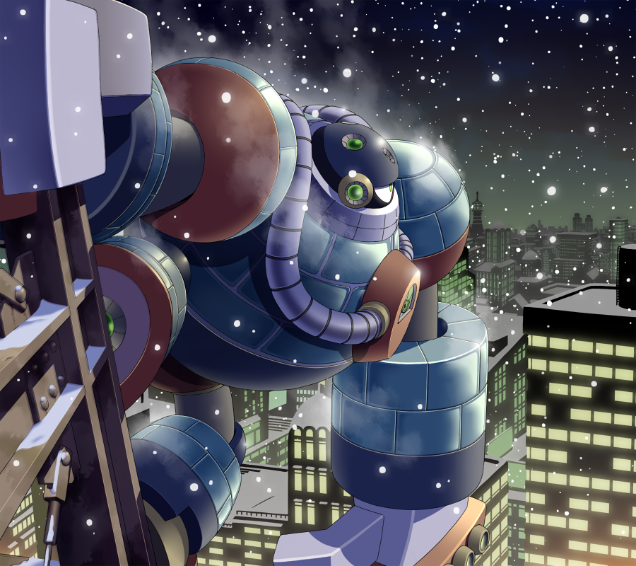 1boy, city, climbing, commentary_request, frost_man, green_eyes, male_focus, mega_man_(classic), mega_man_(series), mega_man_8, napo, night, outdoors, snow, solo, winter
