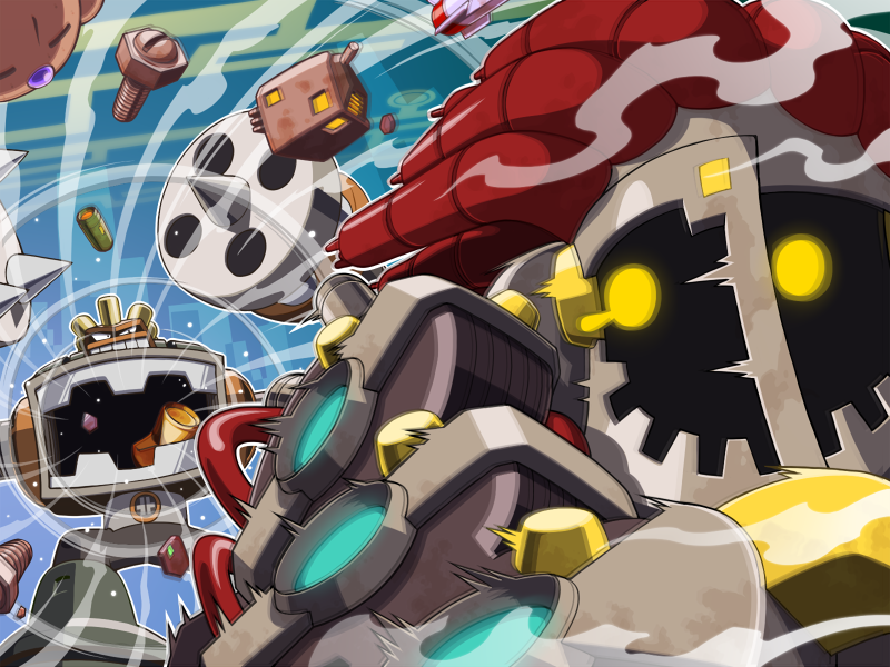 2boys, clenched_teeth, colored_sclera, commentary_request, dustman.exe, junkman.exe, male_focus, mega_man_(series)
