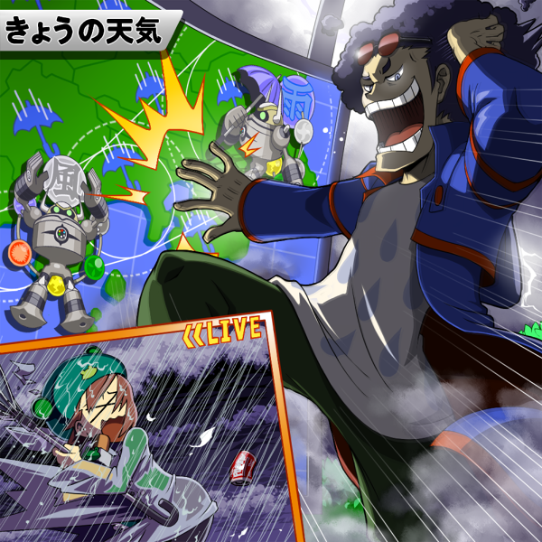 1boy, 1girl, blue_eyes, blue_hair, can, colored_sclera, commentary_request, elementman.exe