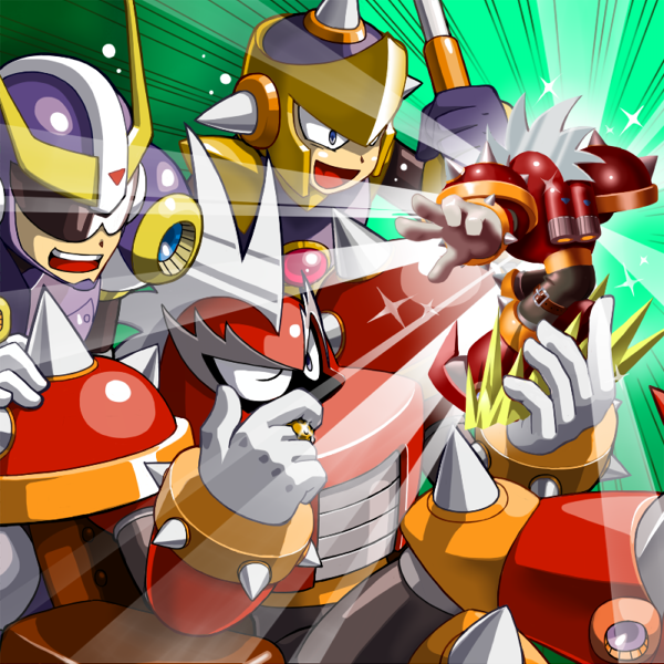 3boys, ballade_(mega_man), commentary_request, crossed_legs, enker_(mega_man), figure, glowing, helmet, holding, holding_polearm, holding_weapon, male_focus, mega_man:_dr._wily's_revenge, mega_man_(classic), mega_man_(series), mega_man_iii, mega_man_iv, multiple_boys, napo, one_eye_closed, polearm, punk_(mega_man), robot, sitting, spiky_hair, sunglasses, weapon