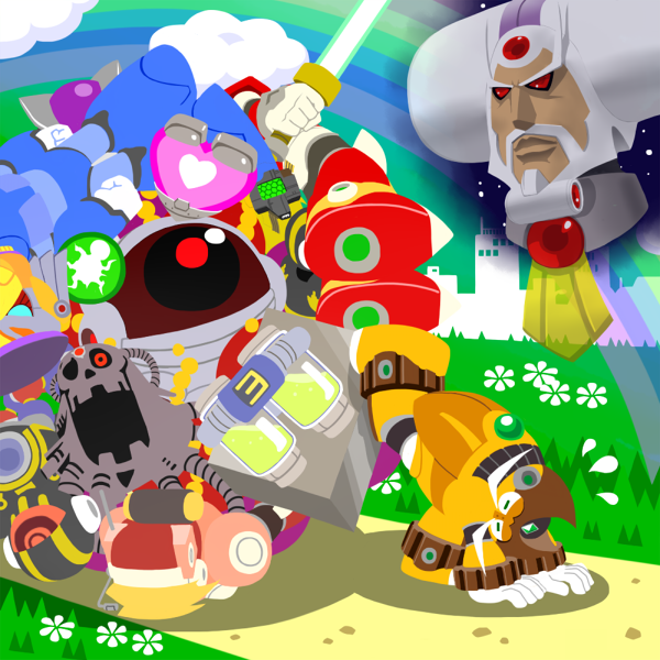 alia_(mega_man), android, beard, commentary_request, energy_tank, facial_hair, grey_hair, ground_scaravich_(mega_man)