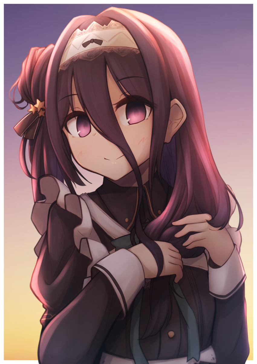 1girl, absurdres, aoi_mokuren, aqua_ribbon, backlighting, bunching_hair, closed_mouth, collared_dress