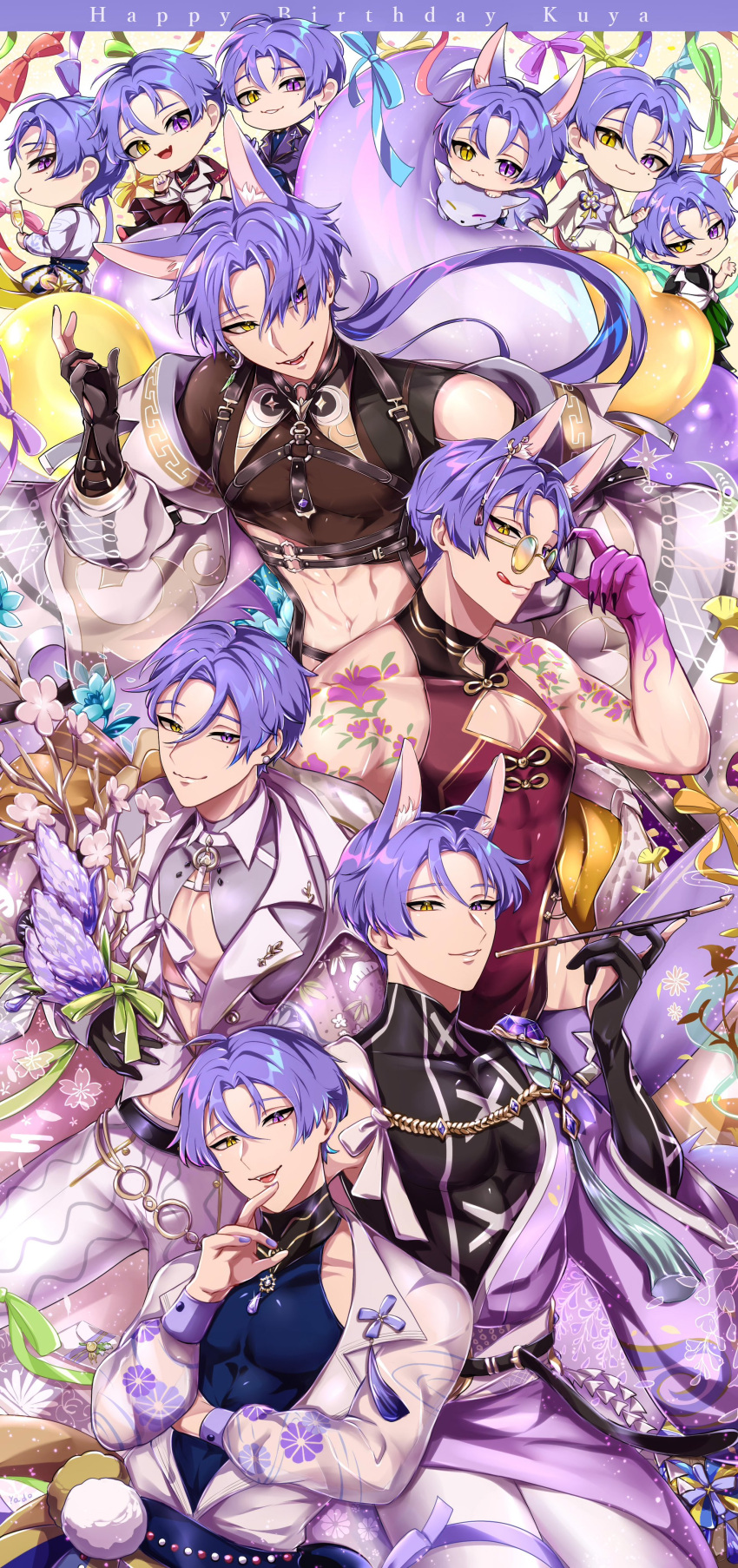 6+boys, absurdres, animal_ears, bishounen, cherry_blossoms, chibi, clone, earrings