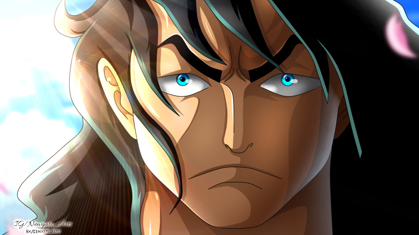 >:(, 1boy, absurdres, artist_name, black_hair, blue_eyes, closed_mouth, hair_between_eyes, highres, long_hair, looking_at_viewer, male_focus, momonosuke_(one_piece), newgate_arts, one_piece, portrait, signature, solo, solo_focus, v-shaped_eyebrows
