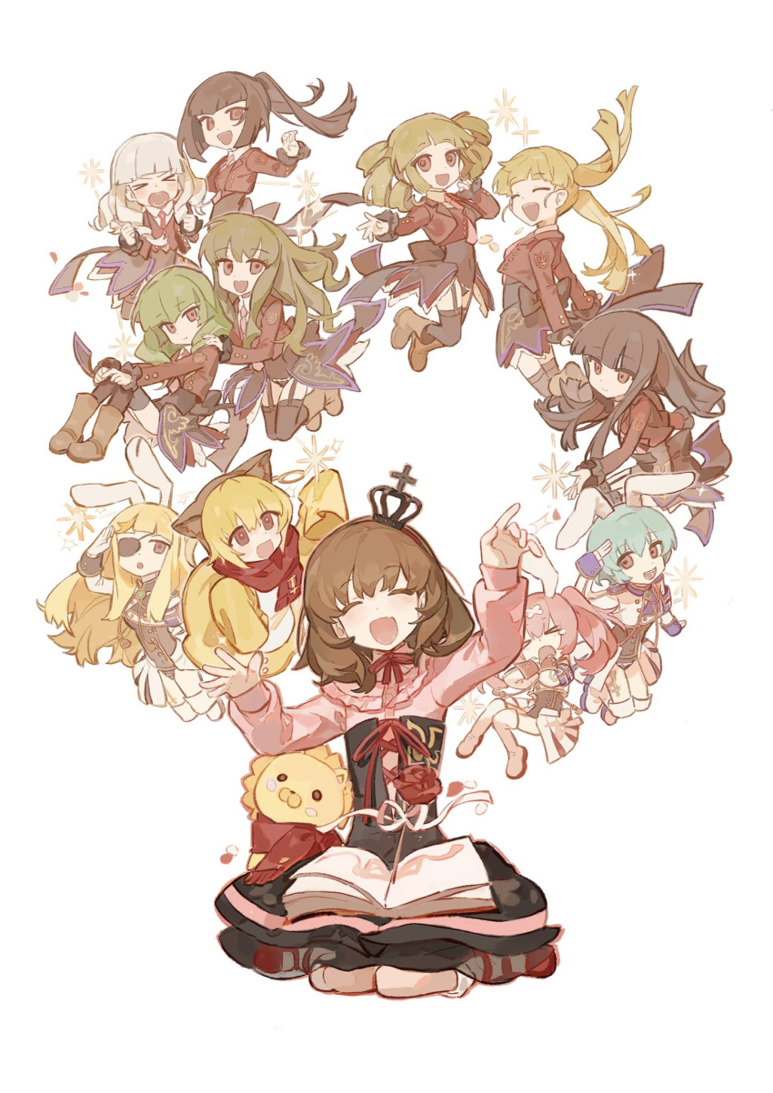 1boy, 6+girls, animal_ears, asmodeus_(umineko), beelzebub_(umineko), belphegor_(umineko), black_hair, blonde_hair