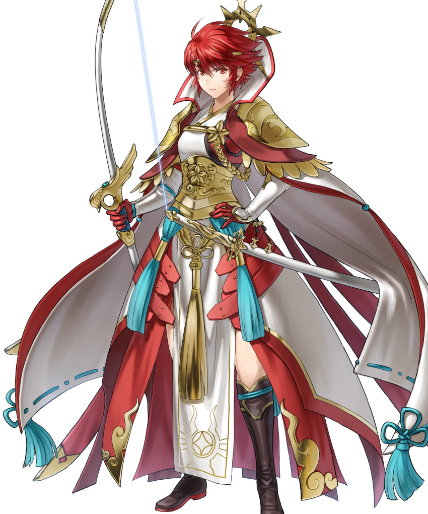 1girl, arm_guards, armor, boots, bow_(weapon), cape, circlet, closed_mouth