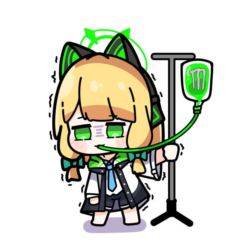 1girl, :3, animal_ear_headphones, animal_ears, asymmetrical_bangs, blonde_hair, blue_archive, blue_bow