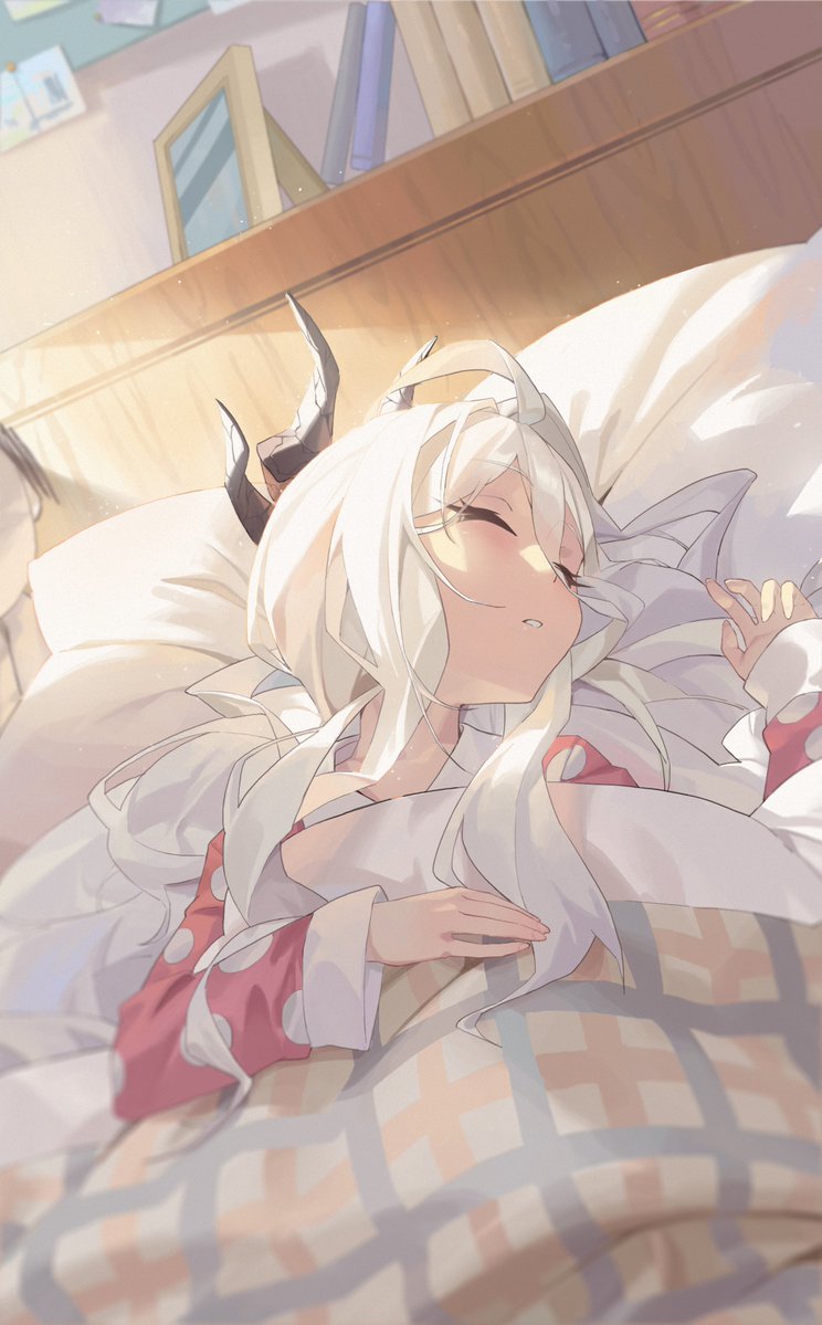 1girl, ahoge, bedroom, blue_archive, demon_horns, head_on_pillow, hina_(blue_archive), horns