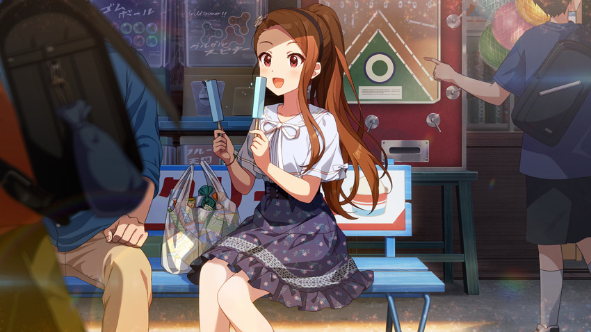 1girl, brown_eyes, brown_hair, double_popsicle, happy, holding_popsicle, idolmaster, idolmaster_(classic)