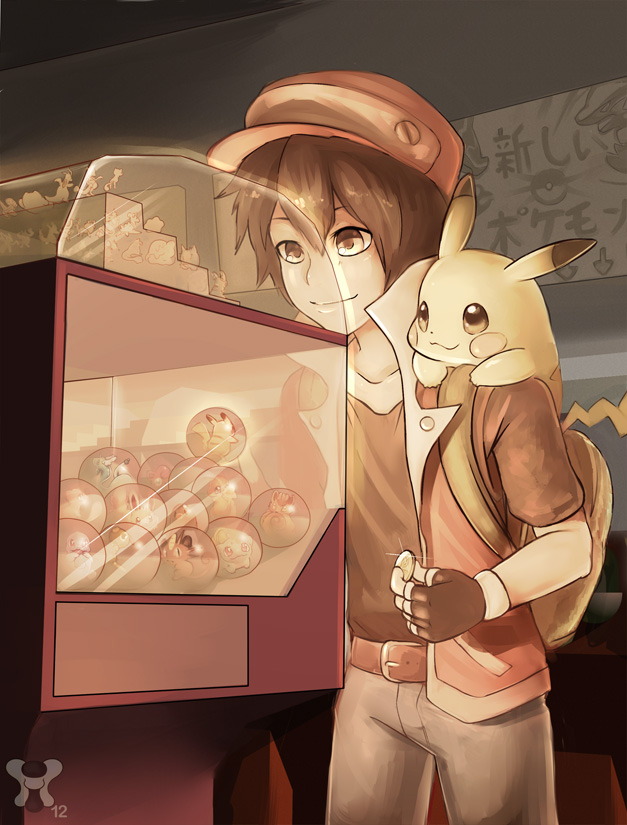 1boy, backpack, bag, belt, black_hair, black_shirt, bulbasaur, caterpie