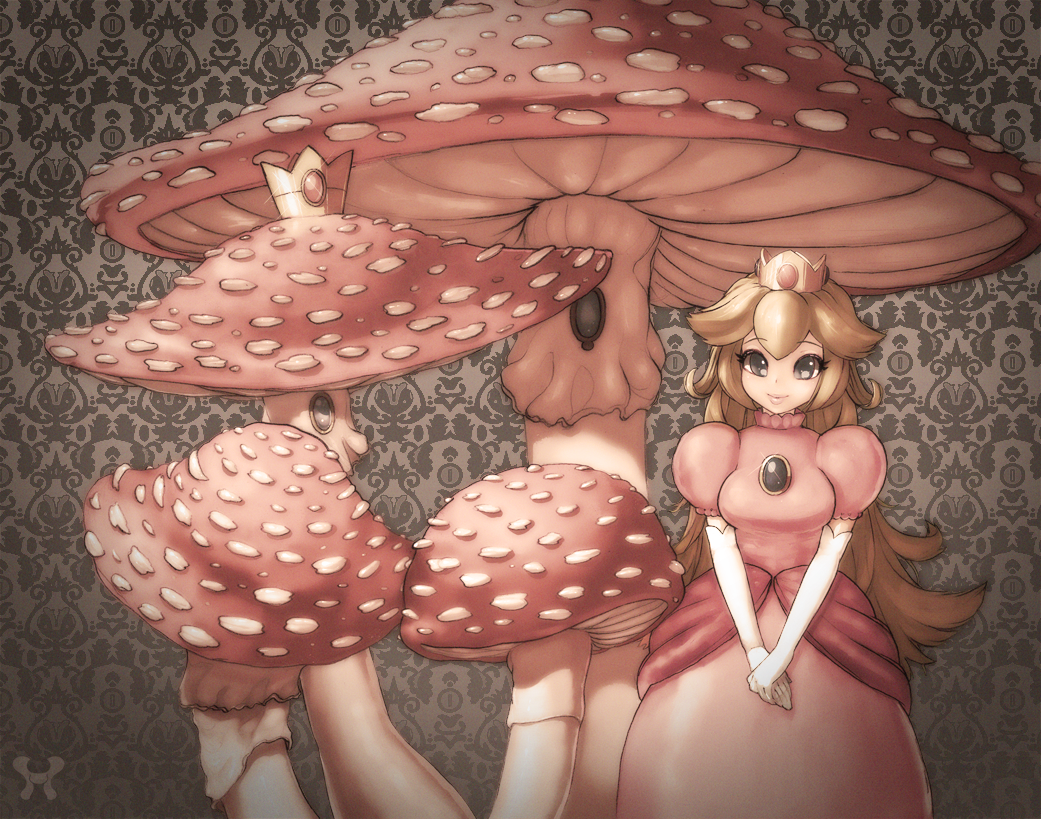 1girl, blonde_hair, brooch, coin, crown, dress, elbow_gloves, eyelashes