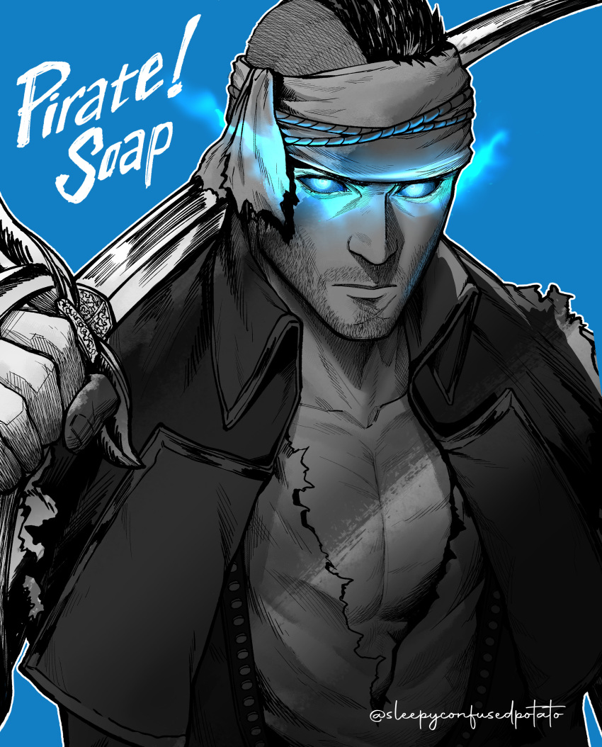 1boy, absurdres, artist_name, blue_background, blue_eyes, call_of_duty, call_of_duty:_modern_warfare_2, character_name, closed_mouth, facial_hair, glowing, glowing_eyes, halloween_costume, headband, highres, holding, holding_sword, holding_weapon, jacket, large_pectorals, male_focus, muscular, muscular_male, open_clothes, open_jacket, pectorals, pirate, pirate_costume, shirt, short_hair, sidecut, simple_background, sleepyconfusedpotato, soap_(modern_warfare_2), solo, sword, torn_clothes, torn_shirt, upper_body, weapon