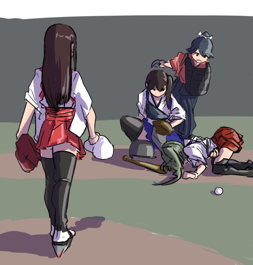 4girls, akagi_(kancolle), akagi_kai_ni_(kancolle), all_fours, ball, baseball_bat, baseball_helmet, baseball_mitt
