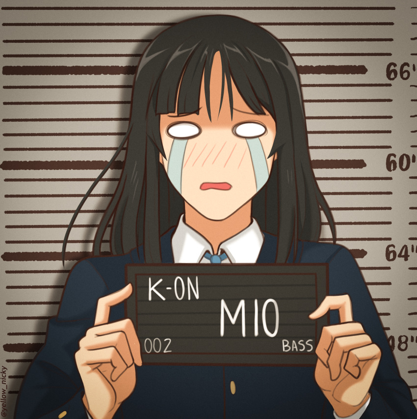 1girl, absurdres, akiyama_mio, barbie_(live_action), barbie_mugshot_(meme), black_hair, blazer, blue_jacket