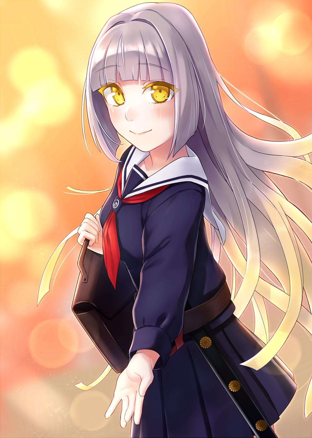 1girl, bag, beckoning, blunt_ends, blurry, blurry_background, blush, busou_shoujo_machiavellism