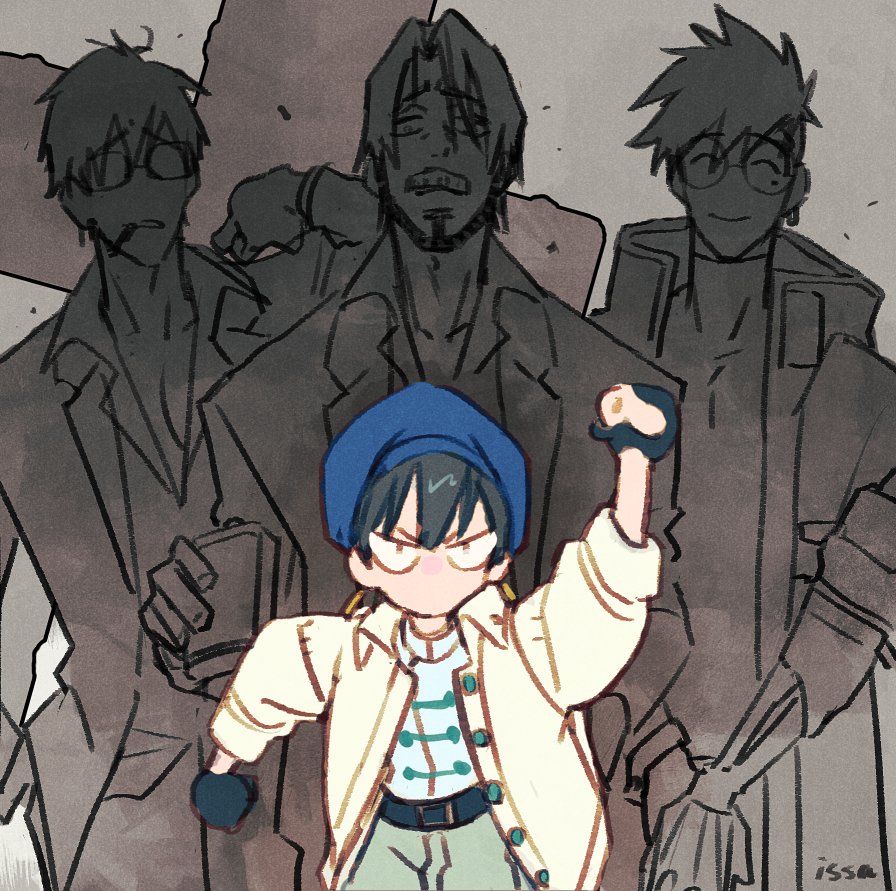 1girl, 3boys, ^_^, arm_up, beard, belt, black_belt, black_gloves, black_hair, blue_headwear, bottle, brown_jacket, closed_eyes, closed_mouth, collared_shirt, cross, earrings, facial_hair, gloves, green_pants, hat, holding, holding_bottle, isasasa001, jacket, jewelry, long_sleeves, looking_at_viewer, meryl_stryfe, mole, mole_under_eye, mouth_hold, multiple_boys, mustache, nicholas_d._wolfwood, over_shoulder, pants, roberto_de_niro, round_eyewear, shirt, short_hair, trigun, trigun_stampede, v-shaped_eyebrows, vash_the_stampede, white_shirt