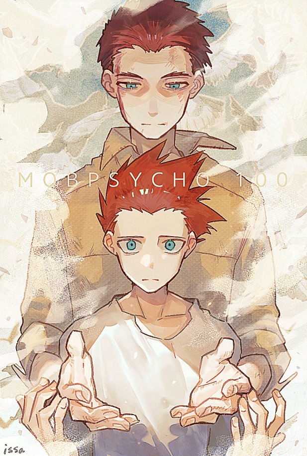 2boys, artist_name, blood, blood_on_face, blue_eyes, brown_jacket, closed_mouth, collarbone
