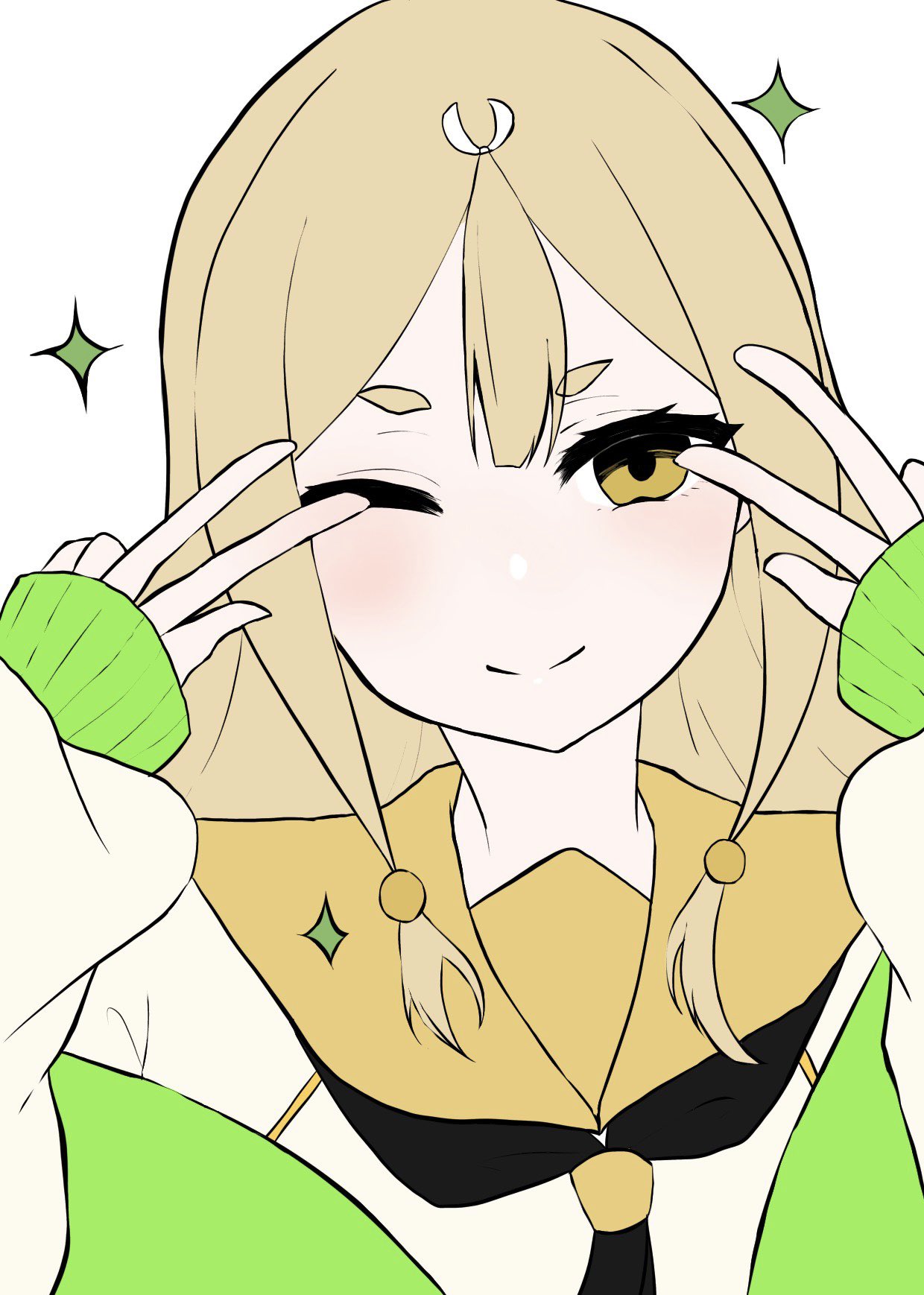 1girl, black_neckerchief, blonde_hair, closed_mouth, double_v, eyelashes, green_jacket, highres