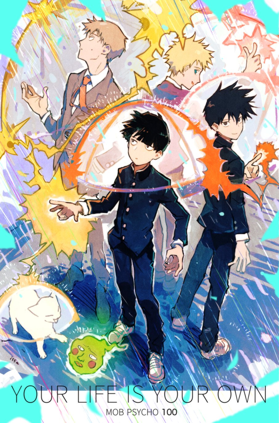 4boys, animal, black_eyes, black_hair, black_jacket, black_pants, blonde_hair, blue_eyes