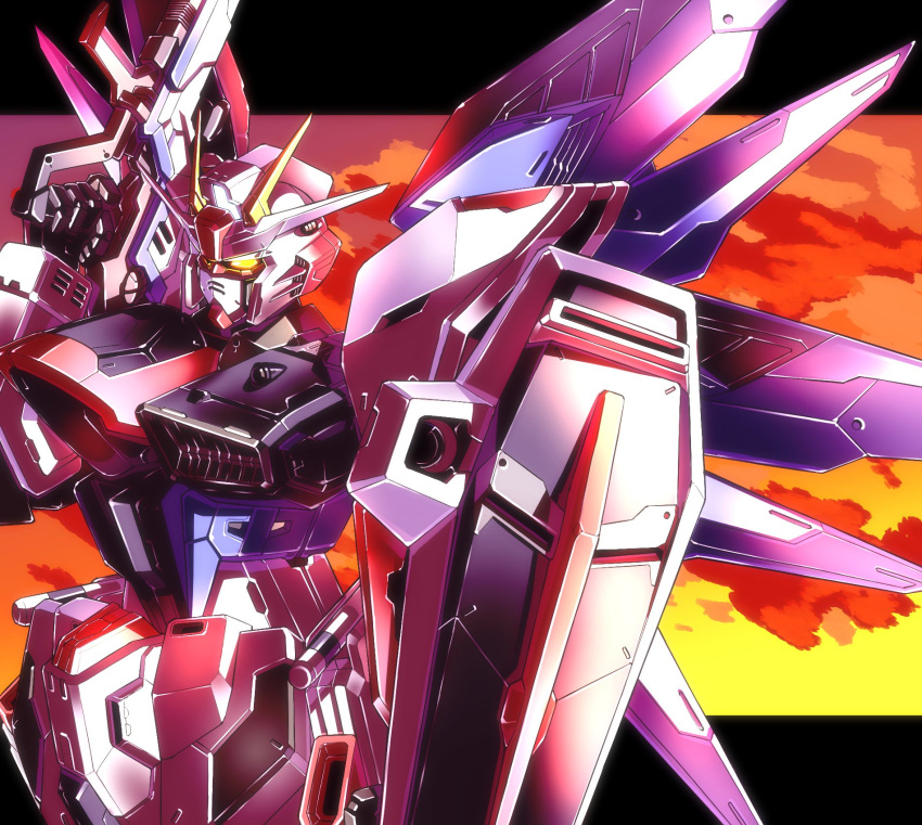 beam_rifle, commentary_request, daigosan_(k66daigensui), energy_gun, freedom_gundam, glowing, glowing_eyes, gun