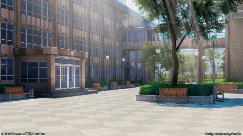 2019, 3d, artist_name, bench, building, clock, door, entrance
