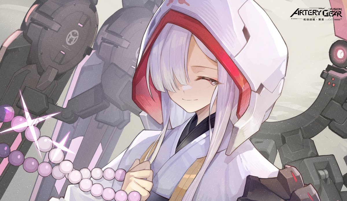 1girl, artery_gear, artery_gear:_fusion, asymmetrical_hair, beads, closed_eyes, closed_mouth, copyright_name