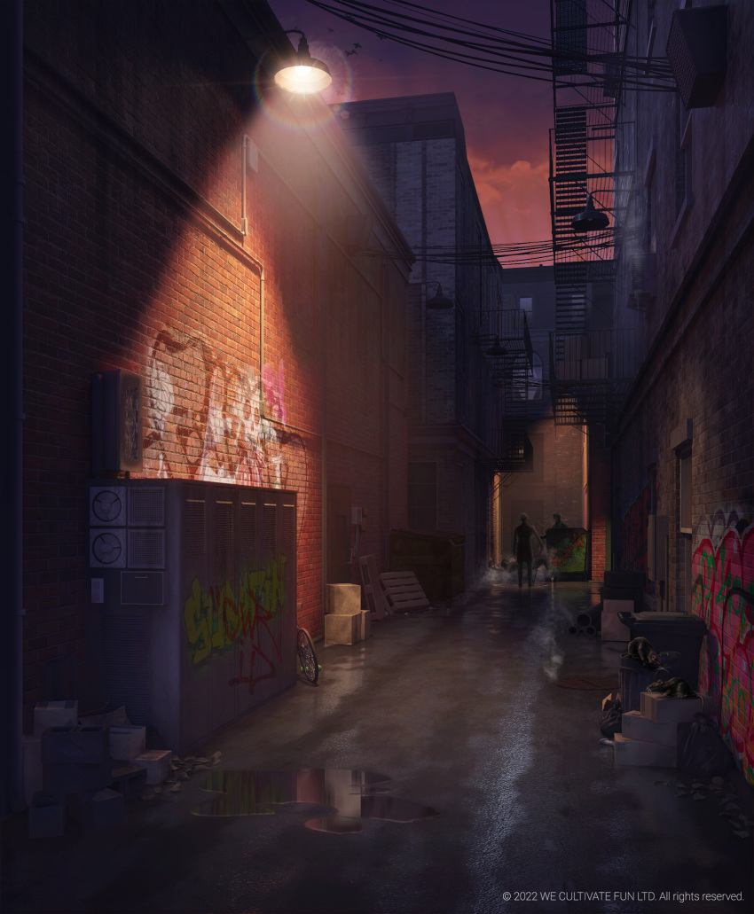 2boys, 3d, alley, balcony, brick_wall, building, cargo_pallet, cinder_block