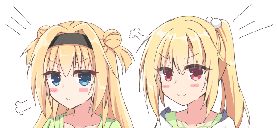 2girls, =3, arihara_nanami, black_hairband, blonde_hair, blue_eyes, blush_stickers, chitose_sana, closed_mouth, collarbone, color_connection, commentary, company_connection, crossover, double-parted_bangs, double_bun, emphasis_lines, eyelashes, eyes_visible_through_hair, hair_between_eyes, hair_bun, hair_color_connection, hair_intakes, hairband, half_updo, head_only, igarashi_kenji, imouto_day, long_hair, looking_at_viewer, multiple_girls, ponytail, riddle_joker, simple_background, smile, smug, tenshinranman, two_side_up, v-shaped_eyebrows, white_background, yuzu-soft