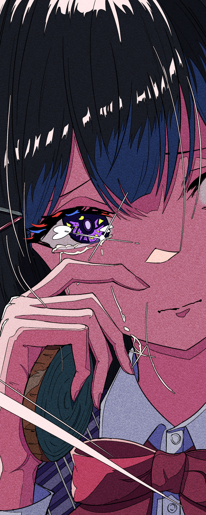 1girl, absurdres, black_hair, bow, bowtie, closed_mouth, collared_shirt, commentary_request